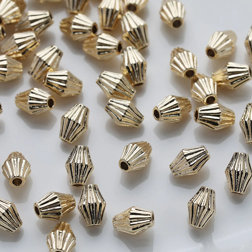 8PCS 14K Gold Plated Brass Rhombus Striped Beads Necklace Bracelet DIY Making Supplies Material Accessories