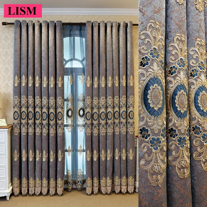 European Chenille Embroidered Curtains for Living Room Bedroom Window Blackout Luxury Custom Blue Gauze Decor Tulle Lace Fabric