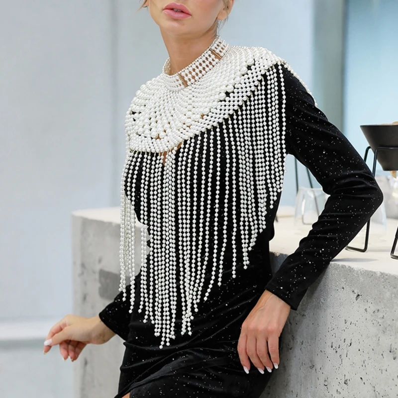 Fringed Pearls Shawl Wrap for Evening Party Artificial Pearls Shoulder Necklace Pashmina Wraps Body Chain for Wedding Gown