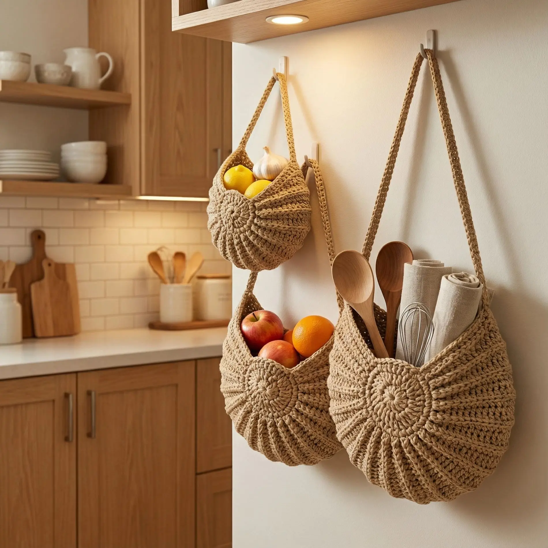 Kitchen Hanging Storage Basket, Nautilus-Shaped Handmade Woven Storage Net Bag for Vegetables and Fruits