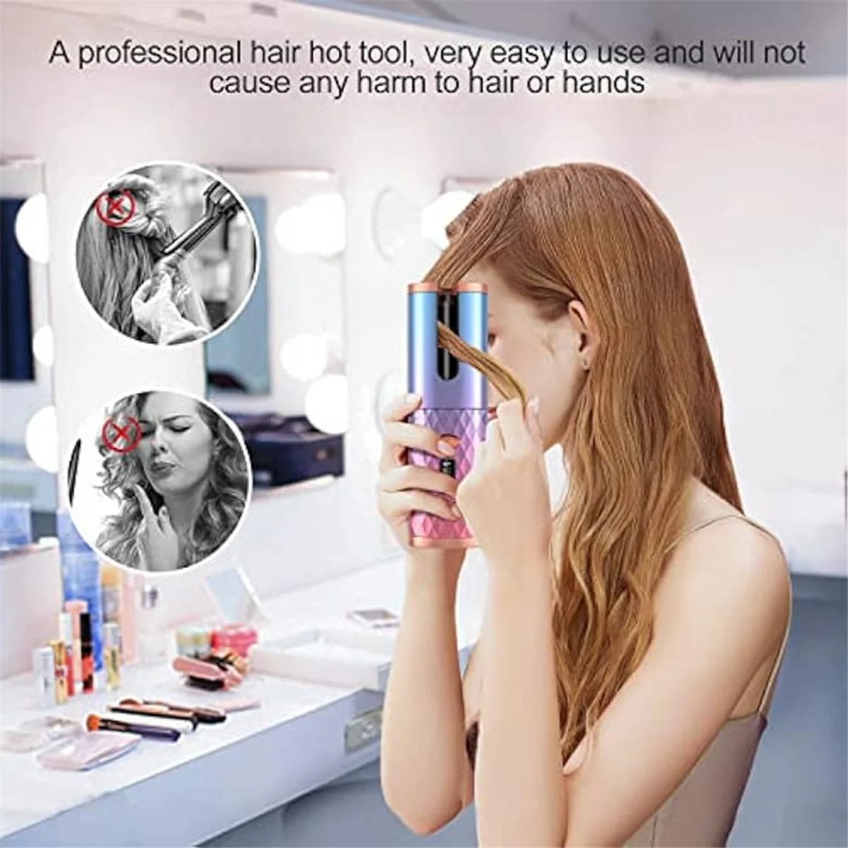 مكواة تجعيد أوتوماتيكية، أداة تجعيد الشعر التلقائية اللاسلكية، أداة تصفيف عصا موجة تجعيد دوارة محمولة، إيقاف تلقائي