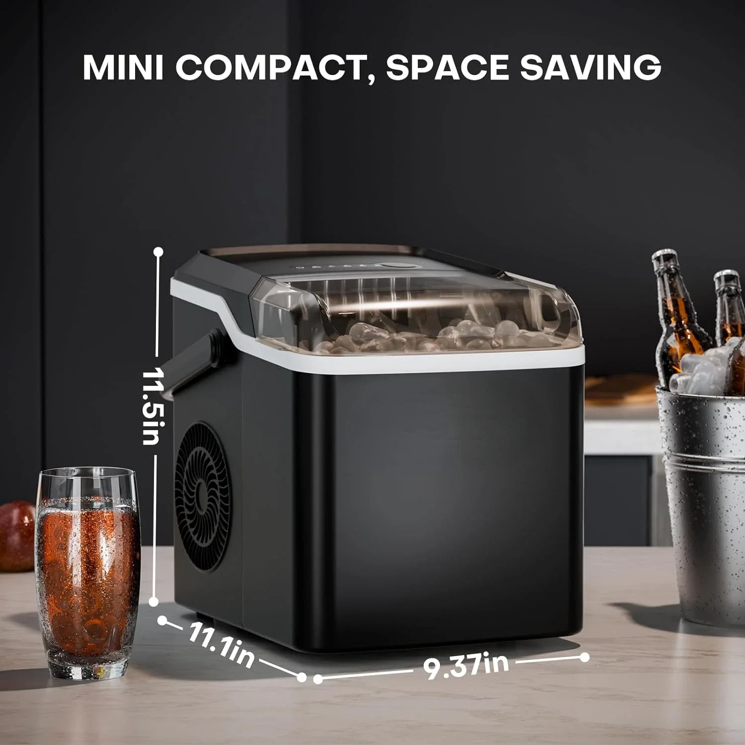 Compact Y90 Countertop Ice Maker with Fast Self-Cleaning Function, Efficient Ice Cube Making Machine Producing Max 26Lbs/Day, 9