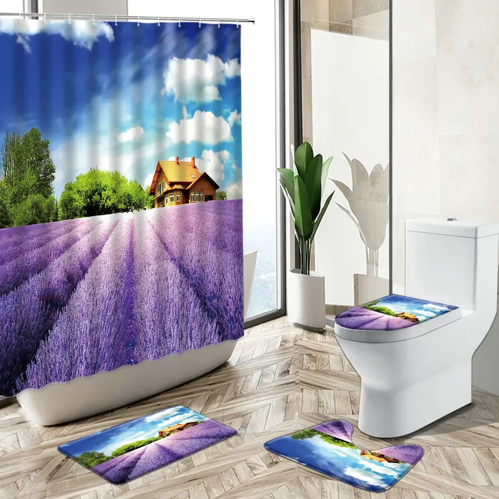 Lavender Flower Shower Curtain Sunflower Plant Countryside Natural Scenery Non-Slip Pedestal Rug Toilet Cover Bathroom Deco Set