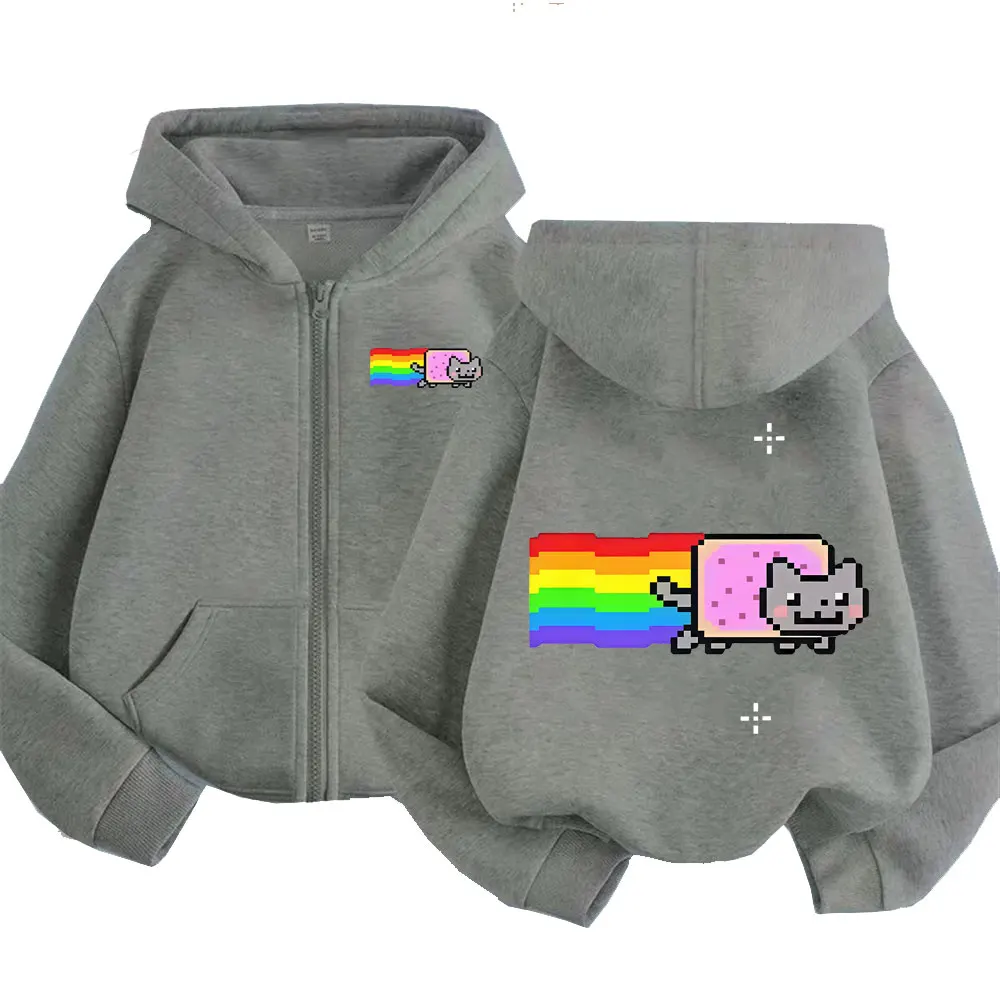 Game Rainbow Nyan Cat Funny Meme Zipper Hoodie Herren Damen Casual Humor Zip Up Jacke Fleece Baumwolle Übergroßes Zip Up Sweatshirt – Detail 4