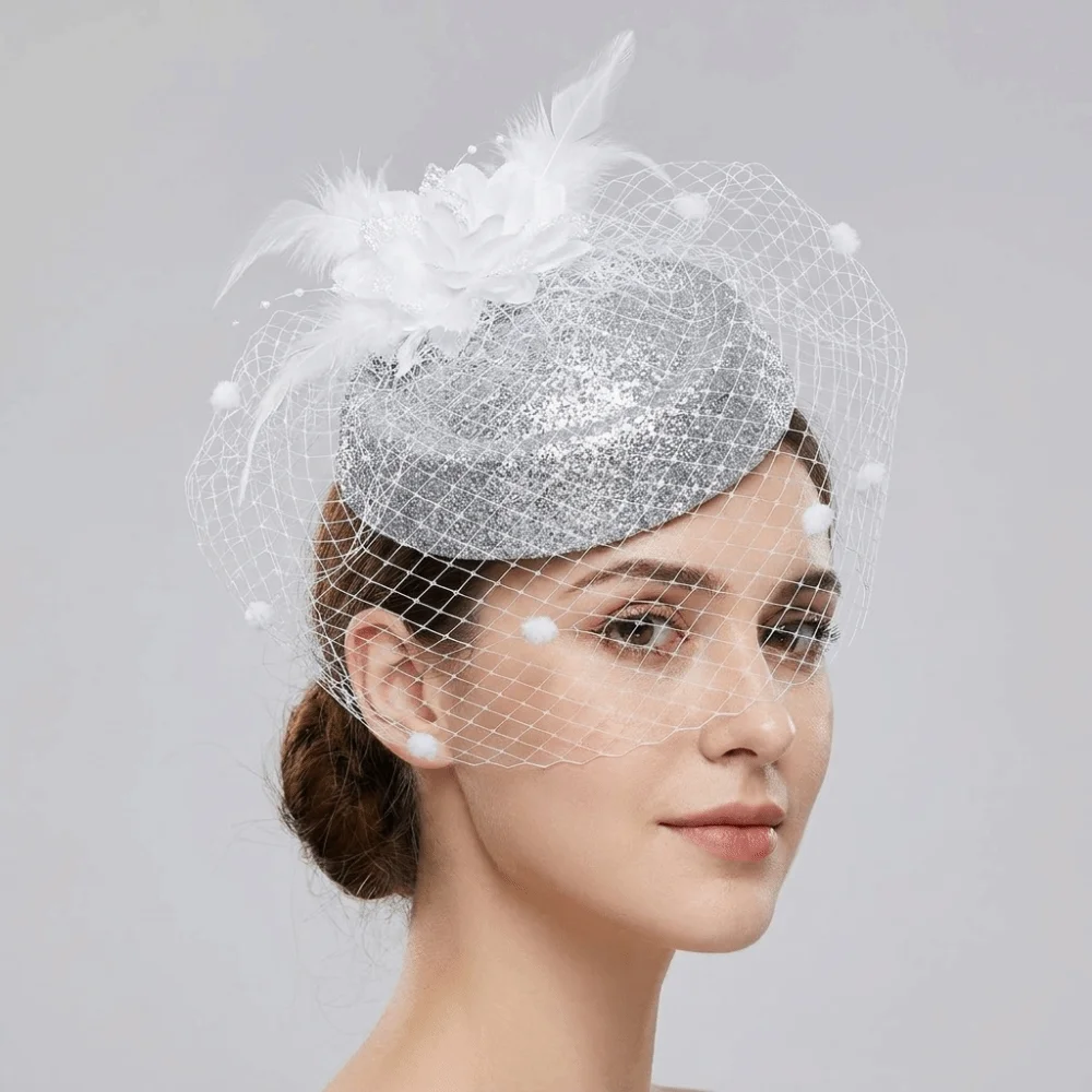 Exquisite Solid Color Felt Fascinator Hat Wave Point Mesh Hair Clip Hat Feather Flower Handmade Small Top Hat Hair Accessories