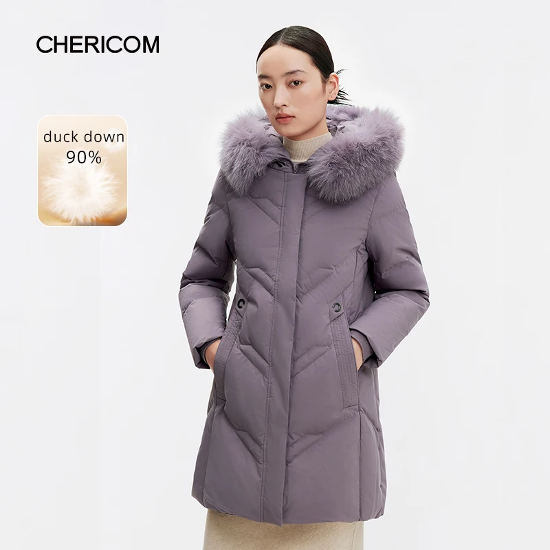 Chericom Chaqueta de invierno para mujer con capucha de longitud media y cuello de pelo de zorro chaqueta acolchada esponjosa abrigos acolchados sólidos y versátiles 289312