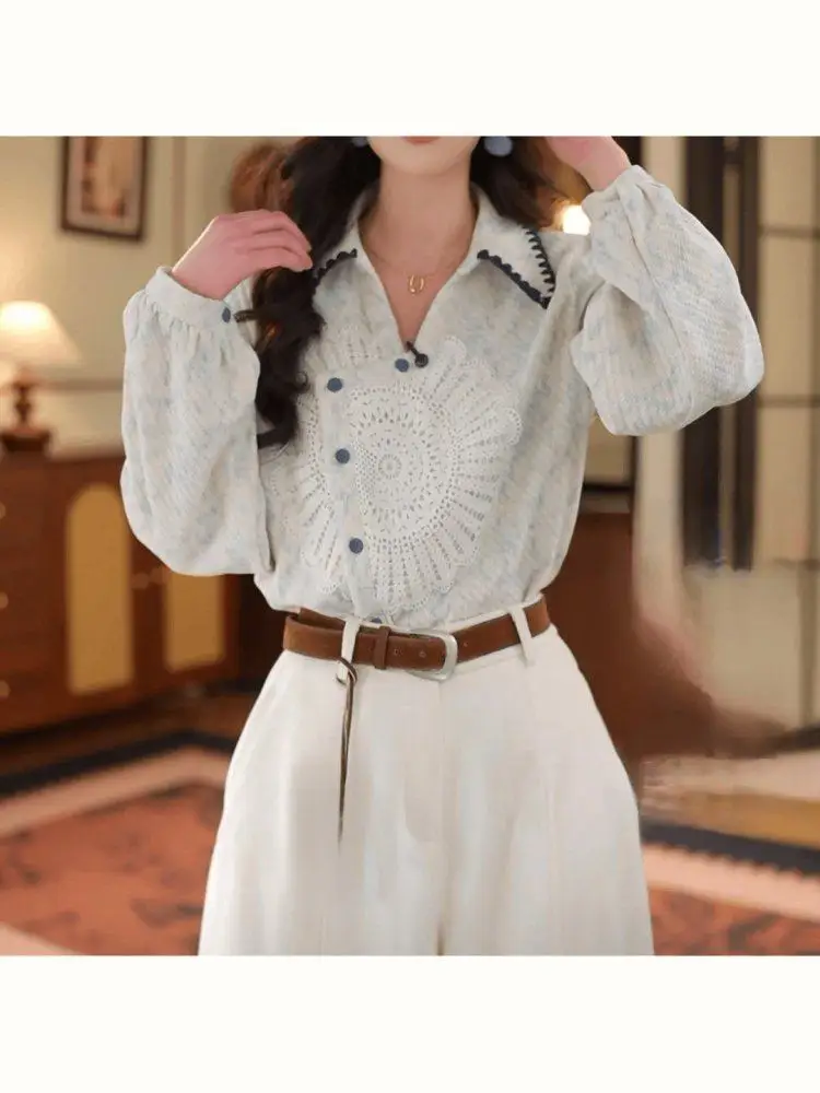 

Ретро-блузка с цветными вставками и воротником, женская, весенняя, новая модная, трендовая, с длинным рукавом, для офиса, приталенная, в корейском стиле, V-образный вырез