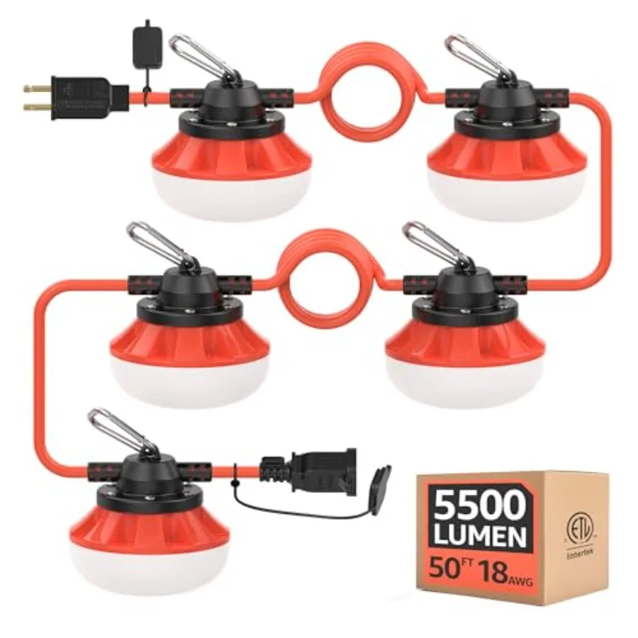 50Feet LED Construction String Light, 5-Light String Bulbs, 50W 5500LM ETL Certified, 18/2 SJTW Extension Cord, IP65 Waterproof