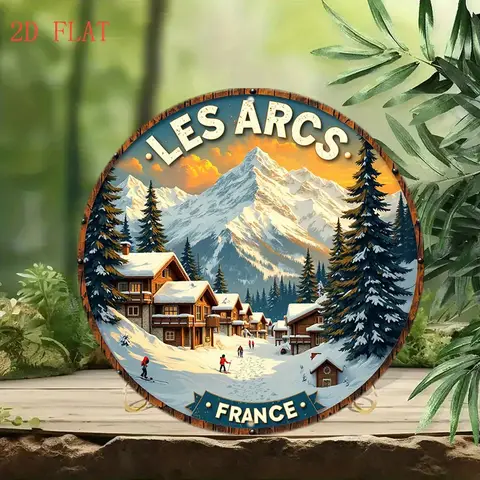 1pc 20.32 cm Les Arcs Ski Resort France Metal Wall Art - Snowy Mountain Cabins & Ski Lifts Winter Scene Round Sign, French Alps