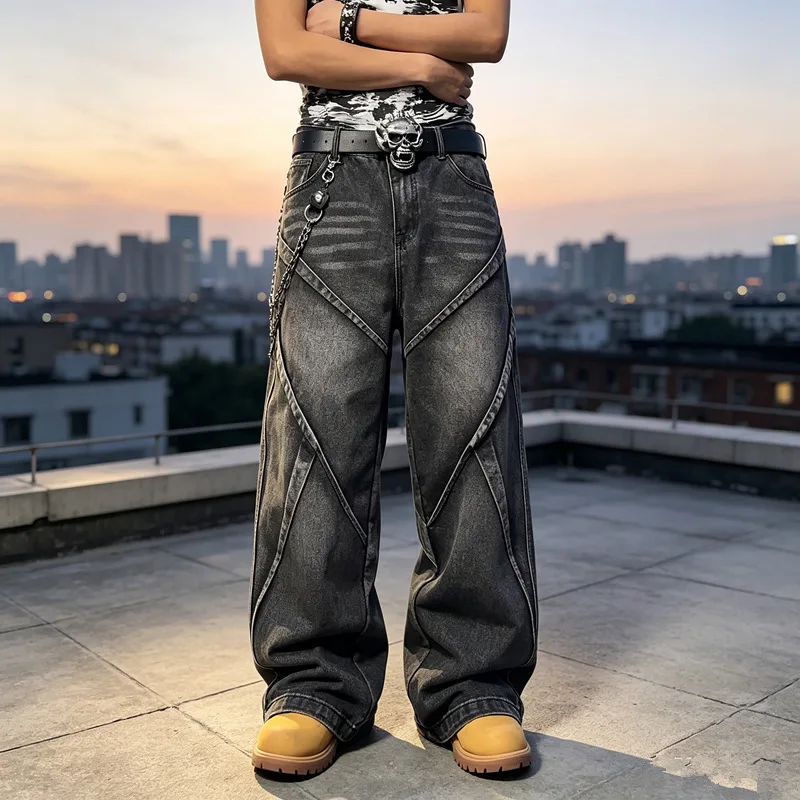Men Baggy Wide Leg Jeans Vintage Washed Spliced Stitch Denim Pants Loose Skater Hip Hop Streetwear Denim Trousers Spring Autumn