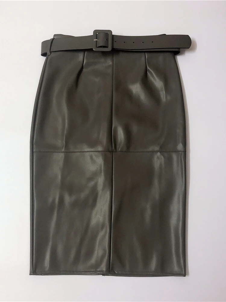 Seoulish gonne longuette avvolgenti in pelle PU alla moda con cintura 2023 nuove donne a vita alta guaina matita indietro gonne divise autunno inverno