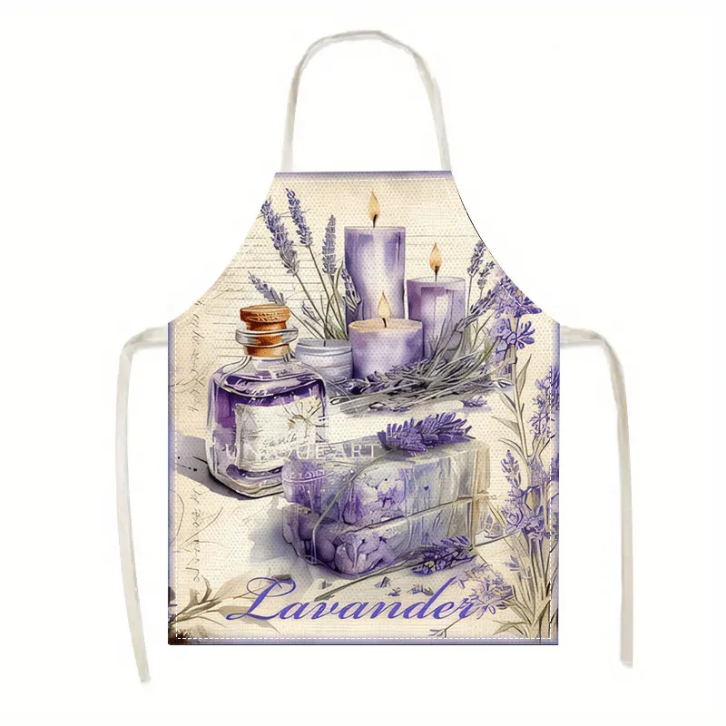 1pc Lavender Spa Scent Theme Print Linen Apron Kitchen Cooking Baking Gift For Her Relaxing Decor
