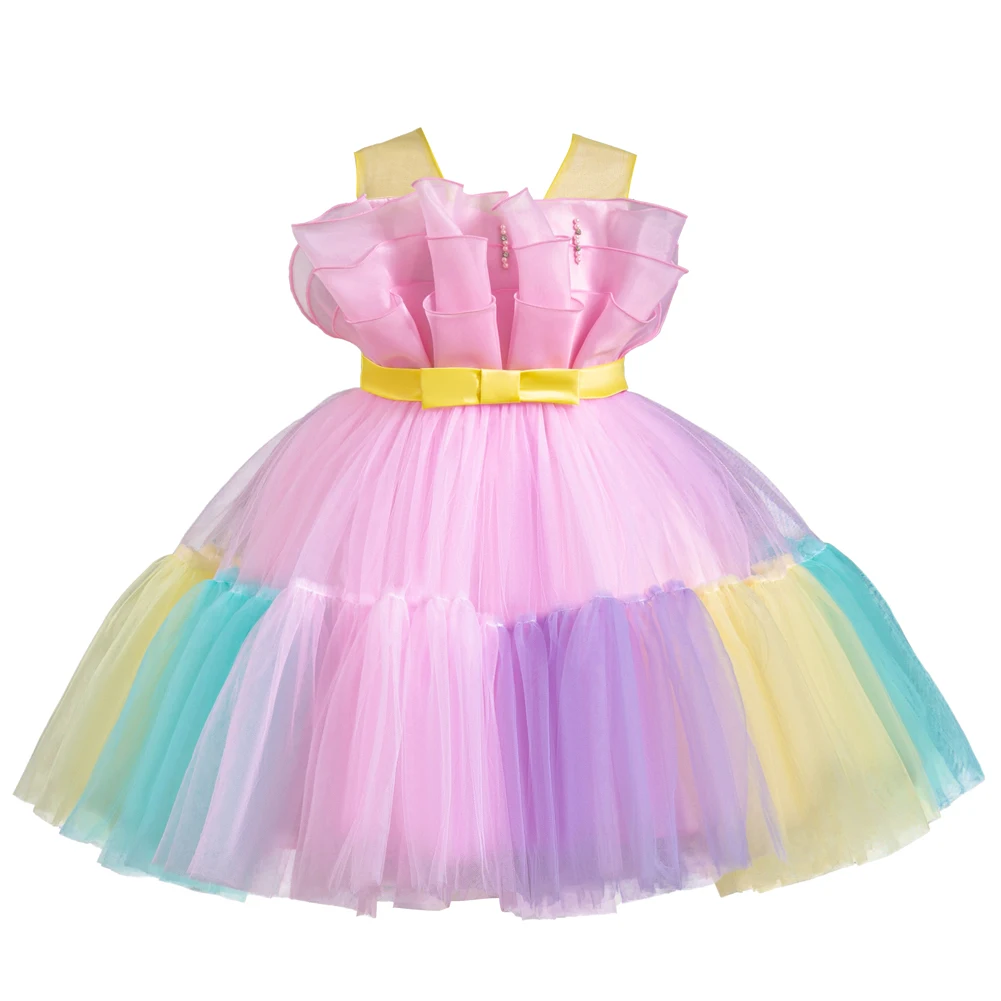 Colorful Pink Bow Mesh Dress for Girls Aged 2 to 10 Fluffy Children's Formal Wear for Summer for Wedding & Birthday Parties