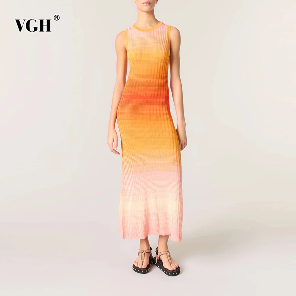 

VGH Gradient Slimming Temperament Long Dresses For Women Round Neck Sleeveless High Waist Elegant Dress Female Fashion Style New