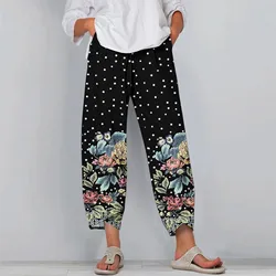 2024 Casual Wide Leg Pants Women Loose Comfort Elastic Waist Harem Pants Vintage Printed Summer Cropped Pants Trousers