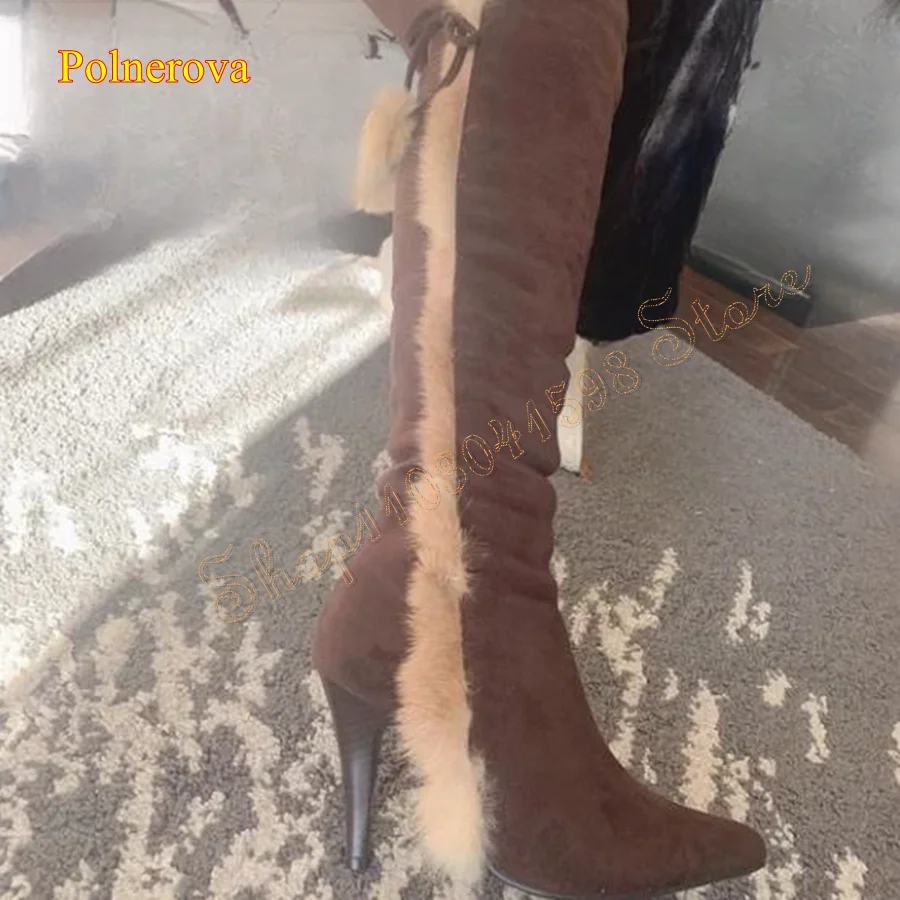 Winter Furry Warm High Heel Boots,Pointed Suede Taper Heel Knee High Boots Women Boots Plus Size 2023 New Zapatos Para Mujere