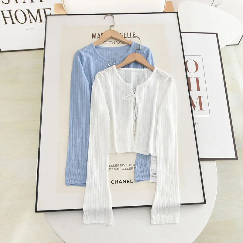 

Sun Protection ort Ice Silk Air Conditioning Cardigan Women's Thin Sle Pearl Chain Belted Summer Faion Knitted Sweater