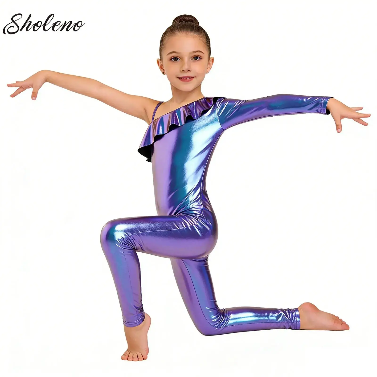 

Kids Girls Metallic Acrobatics Gymnastics Jumpsuit Long Sleeve Bodysuit for Ballet Dance Figure Skating Performance Competition