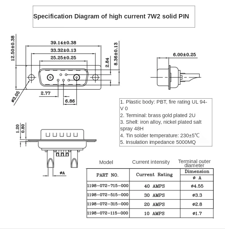 Industrial grade Dtype  plug 7W2 welding head DB7 pin connector 40A 20A large current butt joint male and female