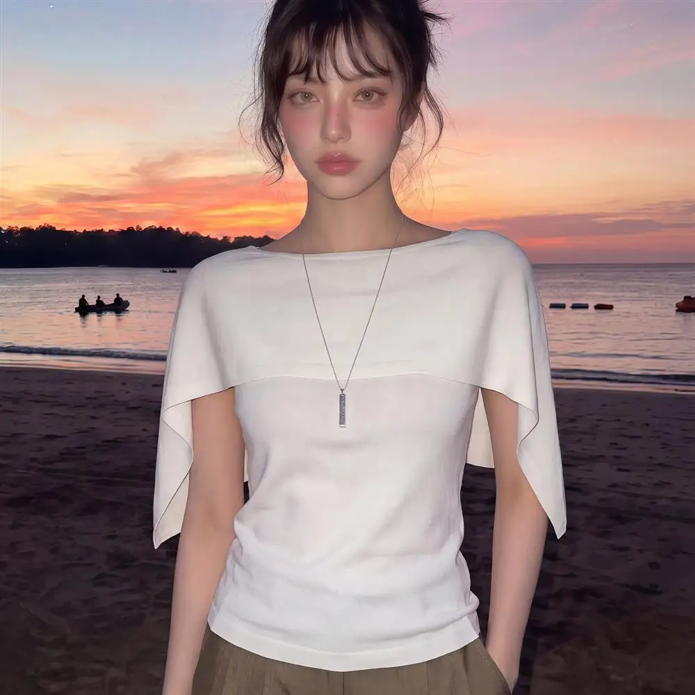 White Shoulder Bared Cloak Style Shawl False Two-Piece Short Sleeve T-Shirt Women Summer Atmosphere Feeling Matching Top