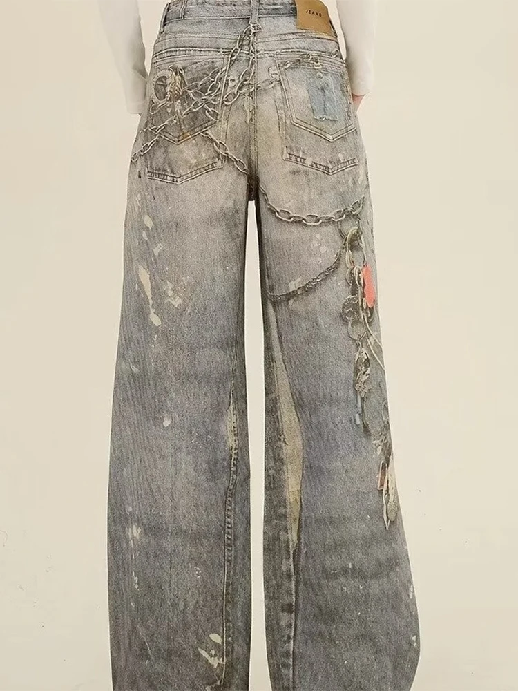 Women's Blue Baggy Jeans Harajuku Y2k Denim Trousers Japanese 2000s Style Oversize Pattern Jean Pants 90s Vintage Trashy Clothes