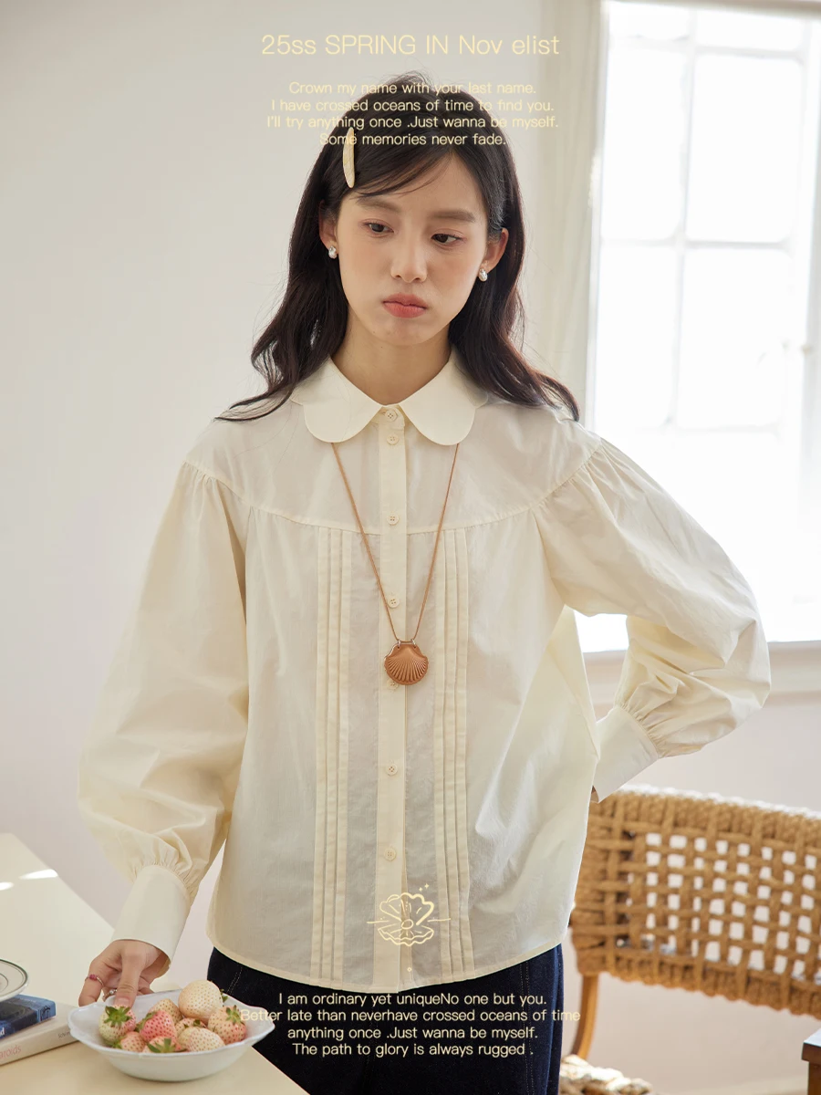

Nov Et Petal Doll Collar Long Sve Женский irt Vintage Sle Свободный крой из хлопка Bubble Sve Pure Color Топ на пуговицах