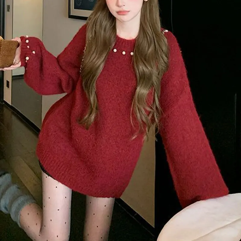 Suéteres holgados rojos con cuentas para mujer, ropa Vintage de Color sólido para otoño e invierno, jerséis de punto de manga larga con cuello redondo