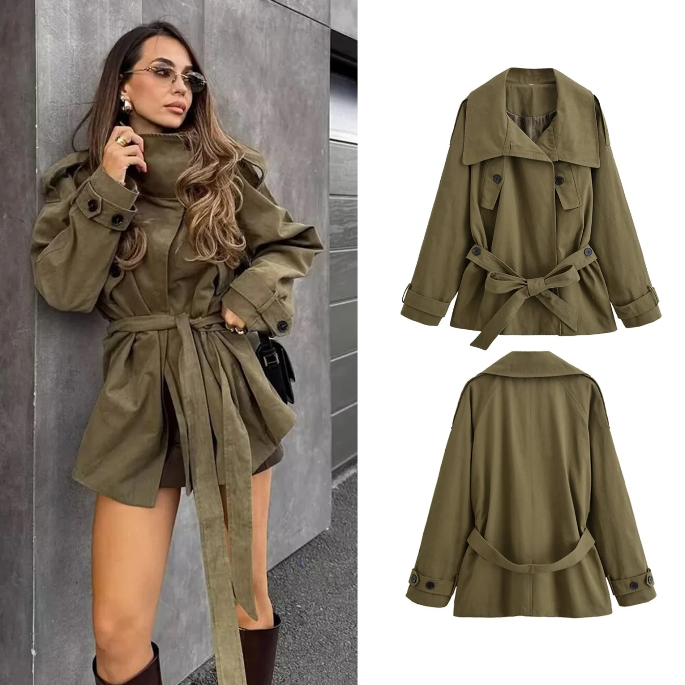 

Женская модная куртка, пальто с длинным рукавом и пуговицами с поясом, женские повседневные осенне-зимние короткие плащи высокого качества