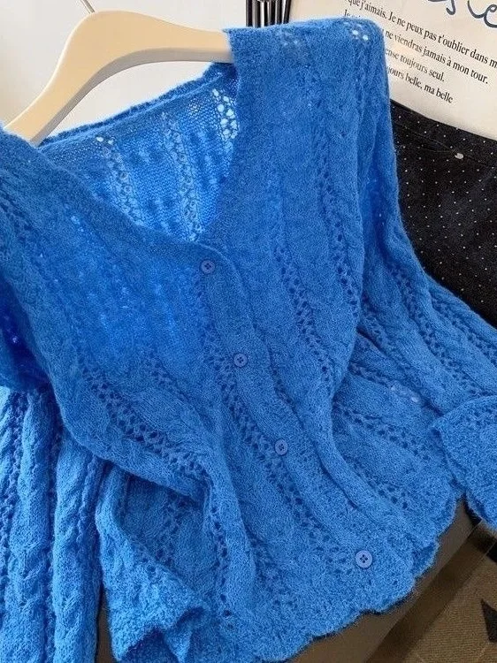 

2026 New Klein Blue Large Size Long Sve Hollow out Knitted Top Women Soft Slimming Autumn Faion Casual Sle Polyester F...