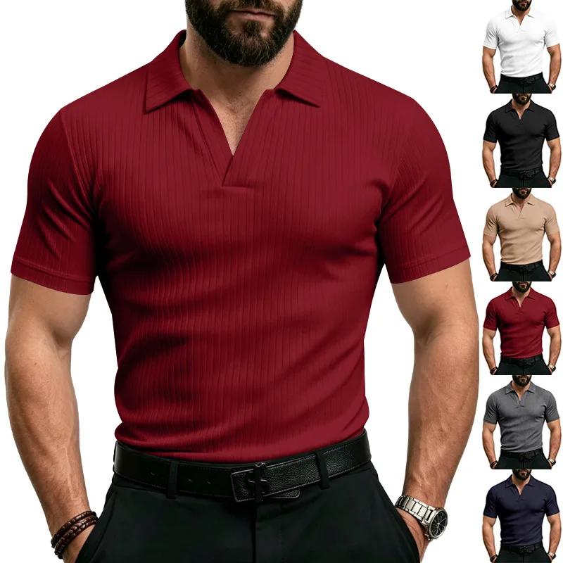 Summer Vertical Strip Elastic Ice Silk Quick-drying Men's Slim-fit Polo Shirt