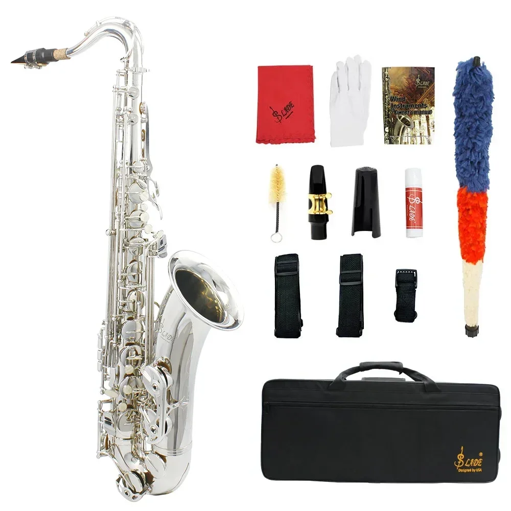 

﻿ SLADE Bb Tenor Saxophone Professional Silver Plated Brass Tube Body Adjustable Features Complete Set with Accessories
