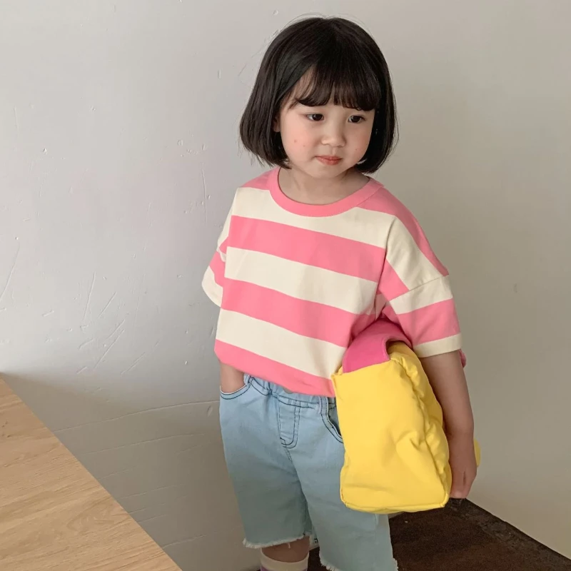 

Summer Girls Clothes Short Sleeve Striped T-shirt Tops Cotton Children Casual Bottoming Shirt For Toddler Kids Wearing