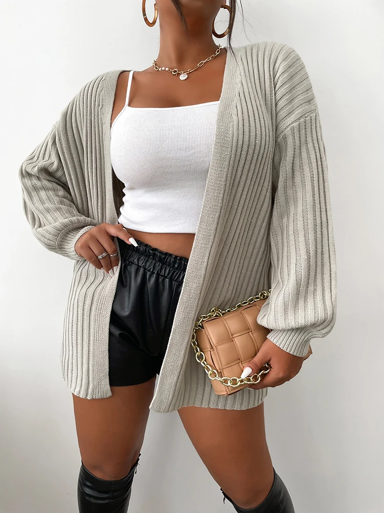 Onelink Light Grey Quater Brioche Stitch Long Sleeve Plus Size Women Open Cardigan Sweater Oversize Clothing Autumn Winter 2022