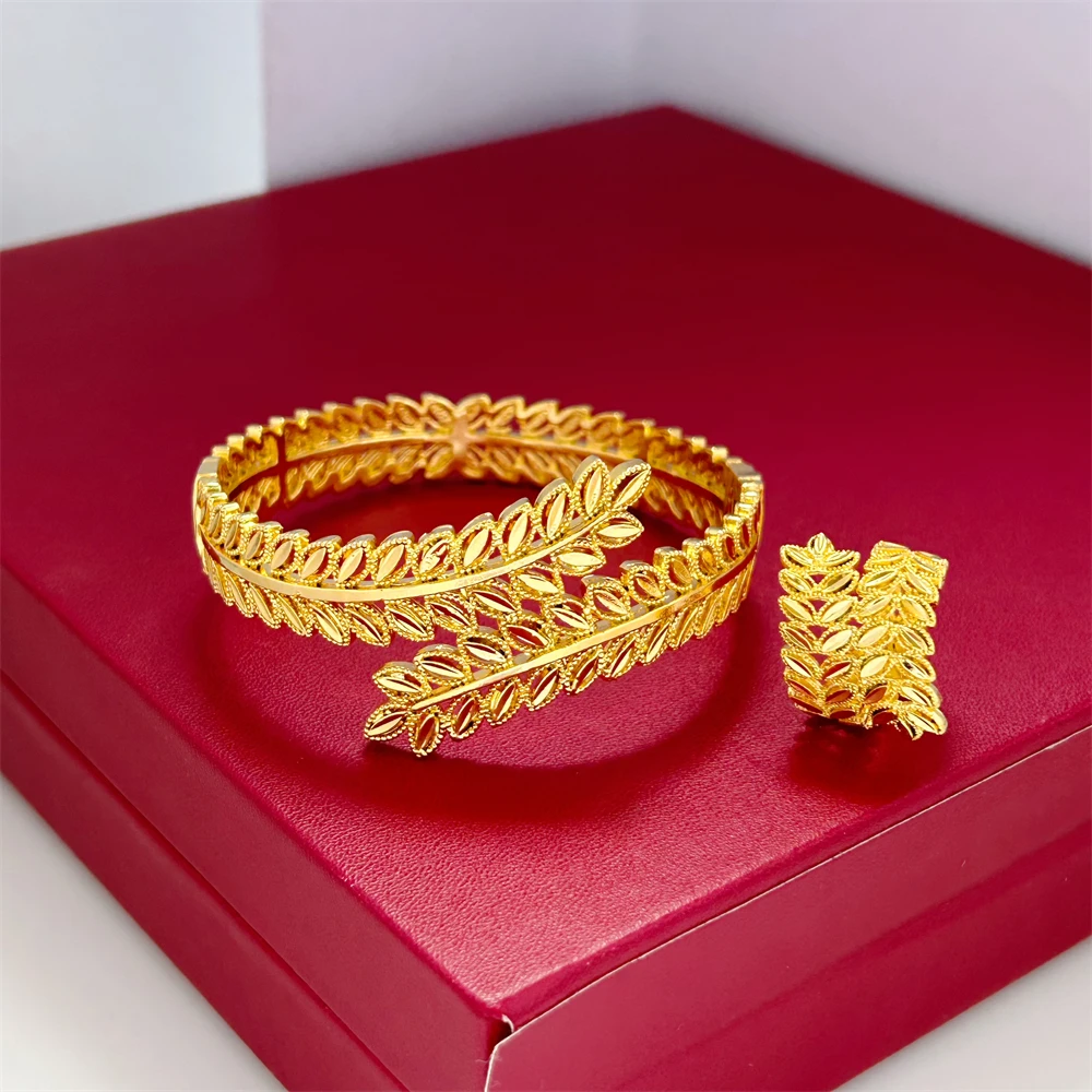 Set di gioielli Color oro per le donne Wide Weaver Cuff Bangles bracciale Ring 2 pezzi Set accessori alla moda regali di nozze Bijoux