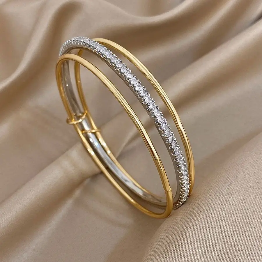 3pcs Two Tone Full Rhinestone Smooth Bangle Bracelets for Women Fashion Copper Stacking Bracelet Party Jewelry Gifts
