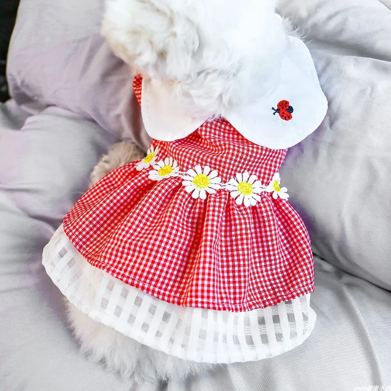 1PC Pet Apparel Dog Cat Red Plaid Ladybug Daisy Flower Lace Princess Dress Spring/Summer Thin Fit for Small and Medium sized Dog