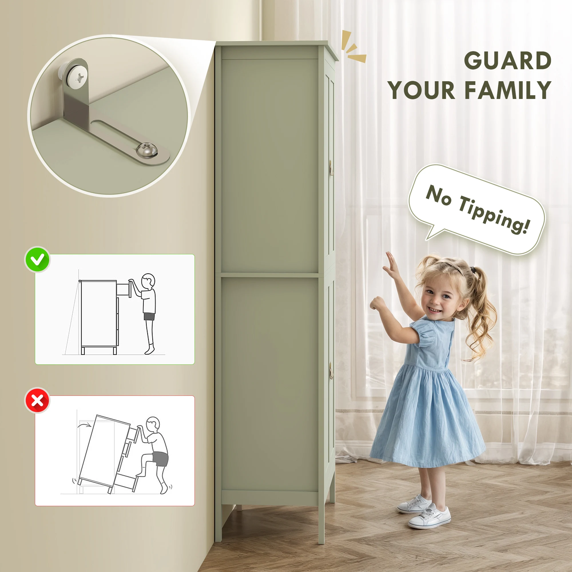 HOMCOM 176.5 cm Tall Freestanding Pantry Storage Cabinet with 4 Doors Green
