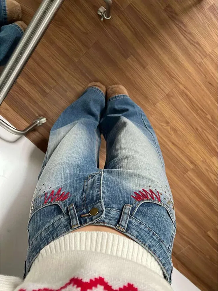 Y2K Pantaloni a gamba larga da donna Jeans ricamati retrò americani lavati invernali dritti larghi
