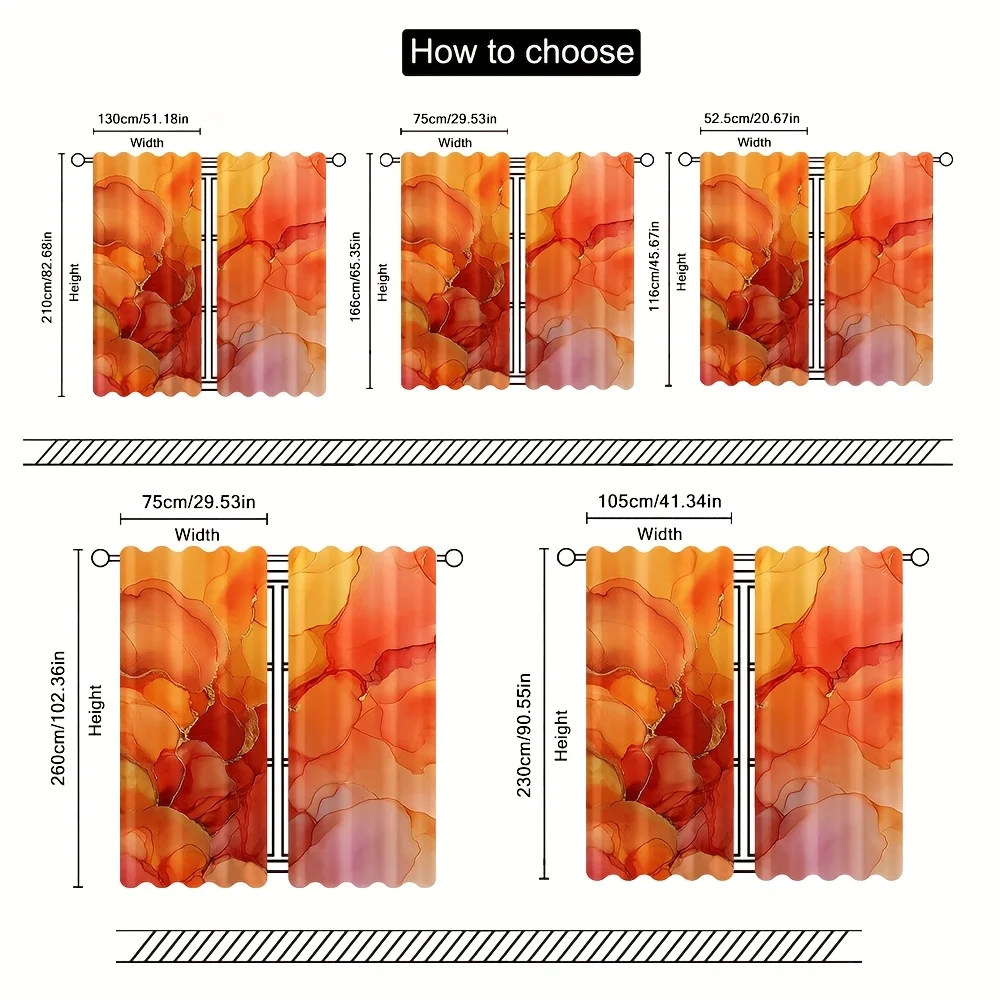 Abstract orange-gold fluid art curtains, pole-mounted installation. Suitable for living rooms, bedrooms, dining rooms and hotels