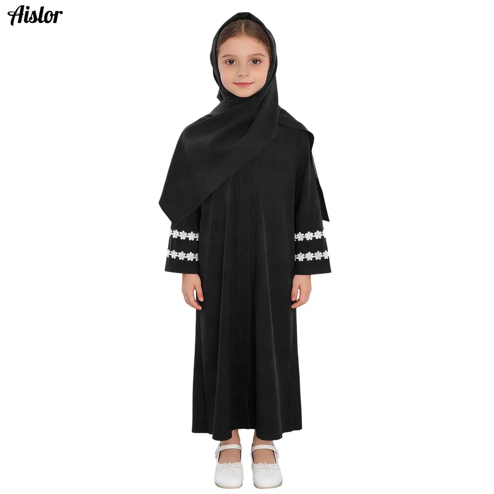 

Muslim Ramadan Sets Children Girls Prayer Dress Hijab Abaya Arab Kids Long Robe with Hijab Scarf Headscarf Islamic Kaftan Gown