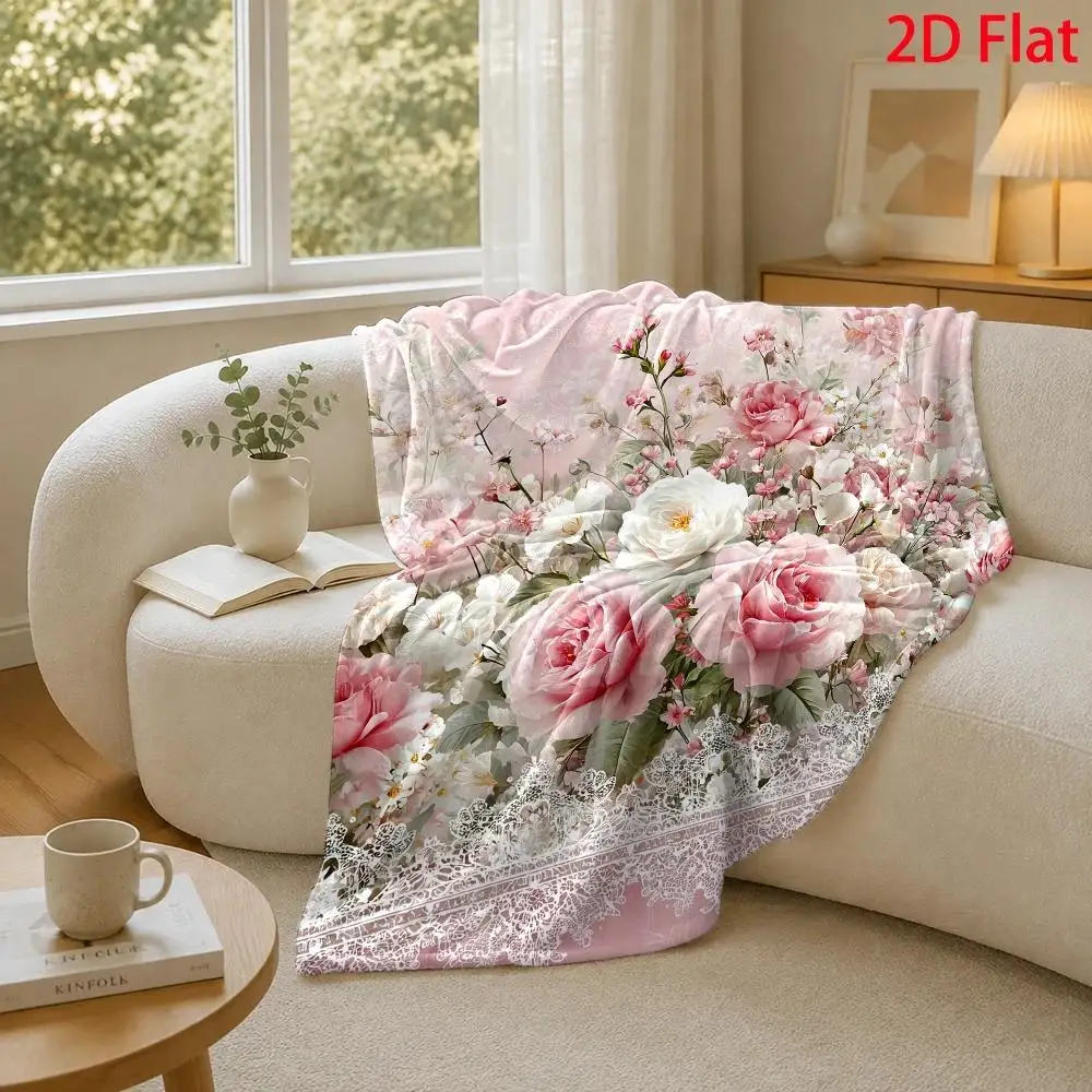 Luxurious Pink Floral Print Throw Blanket for Sofa Couch Decor Romantic Peony Rose Polyester Winter Lap Throw Gift Home Accent