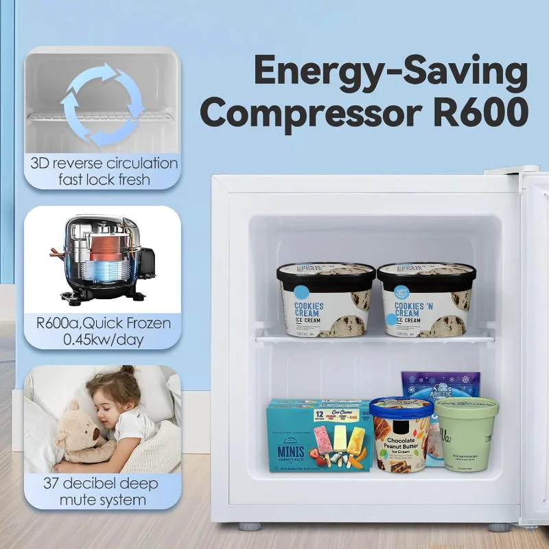 فريزر مستقيم صغير 1.1 قدم مكعب، فريزر صغير مدمج مع أرفف قابلة للإزالة، ترموستات قابل للتعديل، مفصل باب قابل للعكس