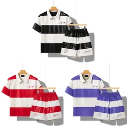 Stripe Pu Leather Drawstring Shorts Polo Shirt Sets Men Women High Quality Black Red Purple Casual Loose Holiday Beach Surf Suit
