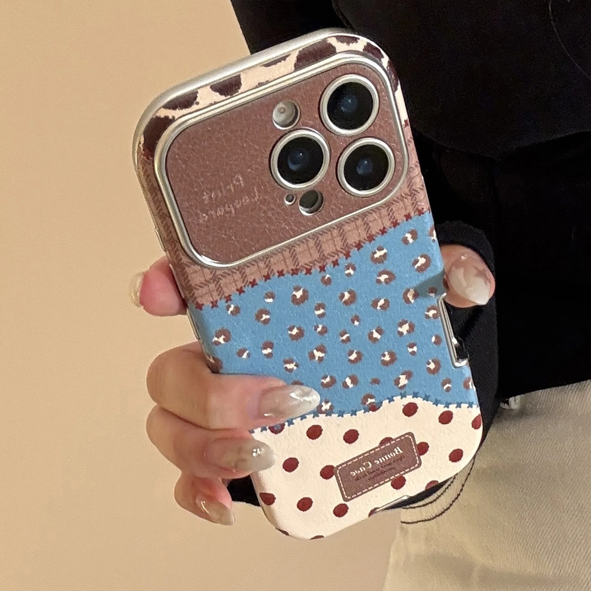Korean Leopard Print Splicing Faux Leather Phone Case for iPhone 17 16 15 14 13 12 11 Pro Max Plus Shockproof Protective Cover view 6
