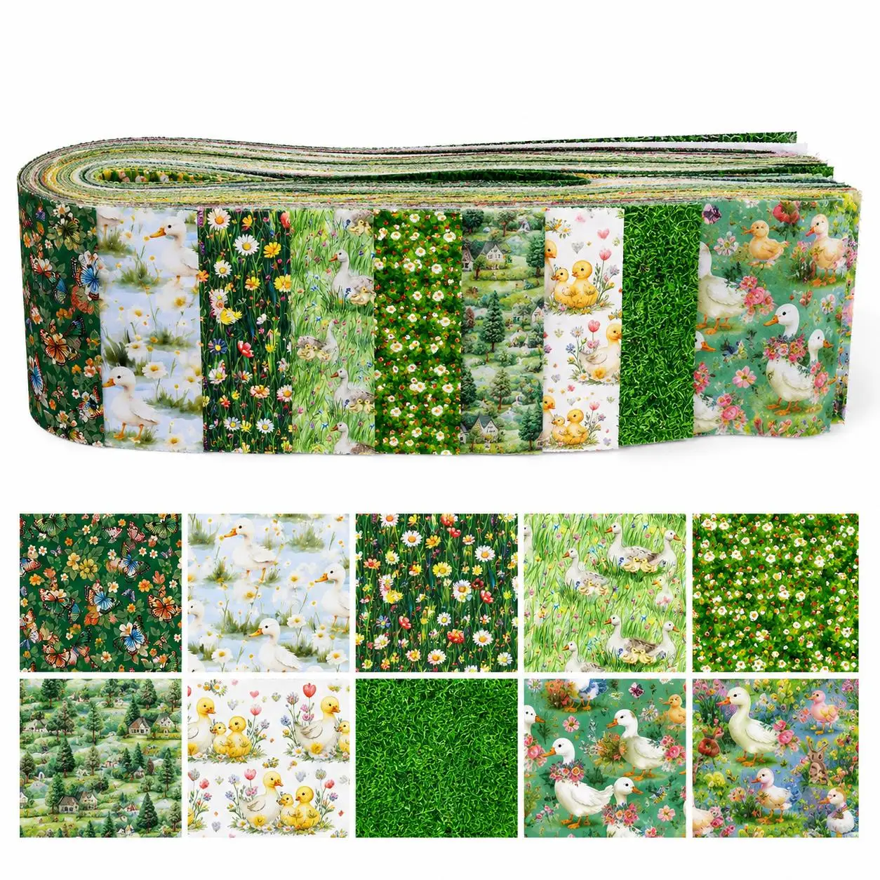 10pcs Duck Grass Jelly Roll Fabric Strips 2.5X19.7inch Pre-Cut 100% Polyester For Patchwork Quilts, Table Runners, Placemats