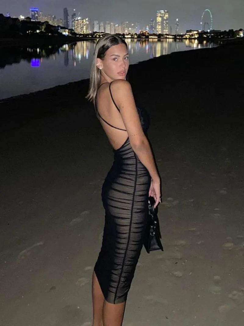 Verão feminino vestido de verão profundo decote em v dupla camada sem costas vestido de festa estilo praia baile tendência elegante roupas de férias i7a9