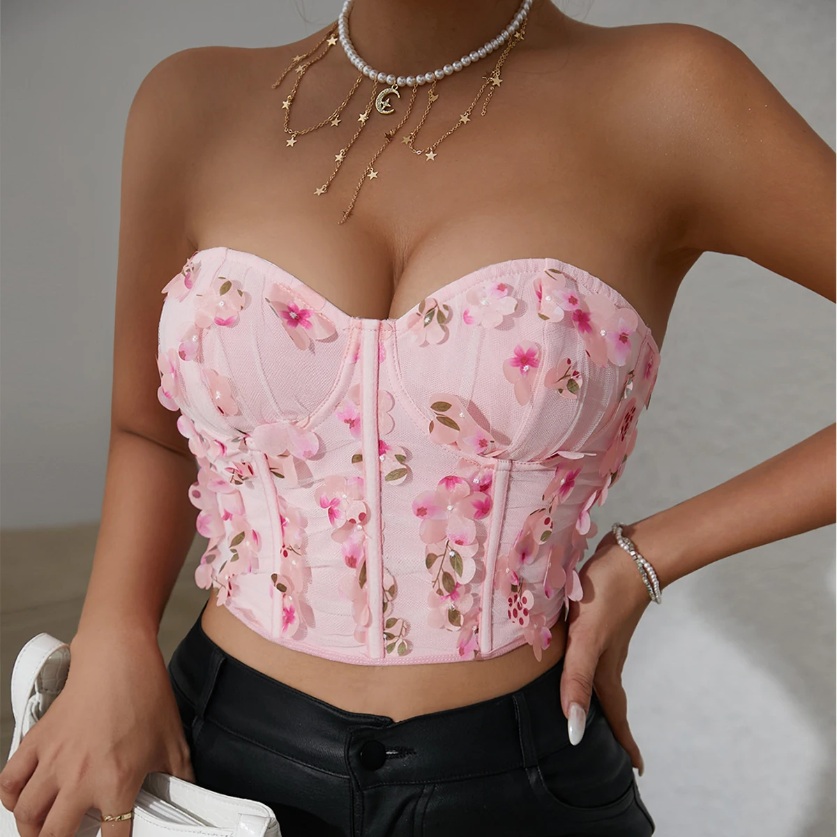 Sweet Flower Strapless Backless Sexy Y2K Crop Top Corset Party Club Outfits for Women Tube Vest Summer Sleeveless Skinny Bustier