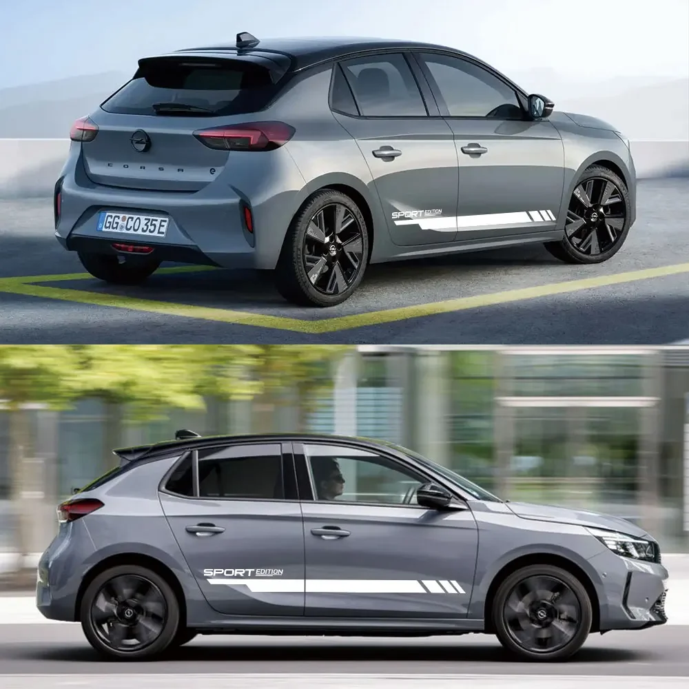 Para opel corsa c e f d 2 pçs adesivos laterais da porta do carro corrida esporte listras estilo do carro corpo saia decalques de vinil decoração acessórios