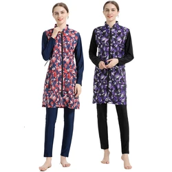 Muslim Swimwear Women Modest Burkini Patchwork Front Zipper Full Cover Long Sleeve Print Swimsuit Islam Hijab Islam Wear Bathing