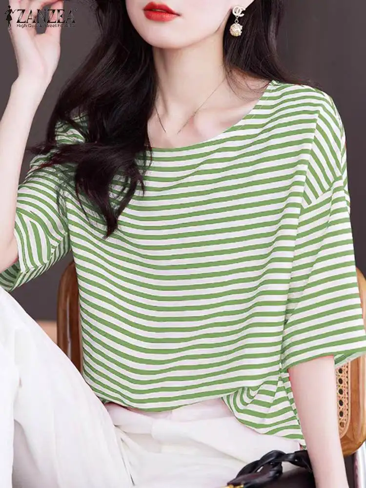 ZANZEA Casual Women Stripes Blouse 2024 Summer Korean Half Sleeve Tops Fashion Holiday Round Neck T-shirt Harajuku Office Blusas